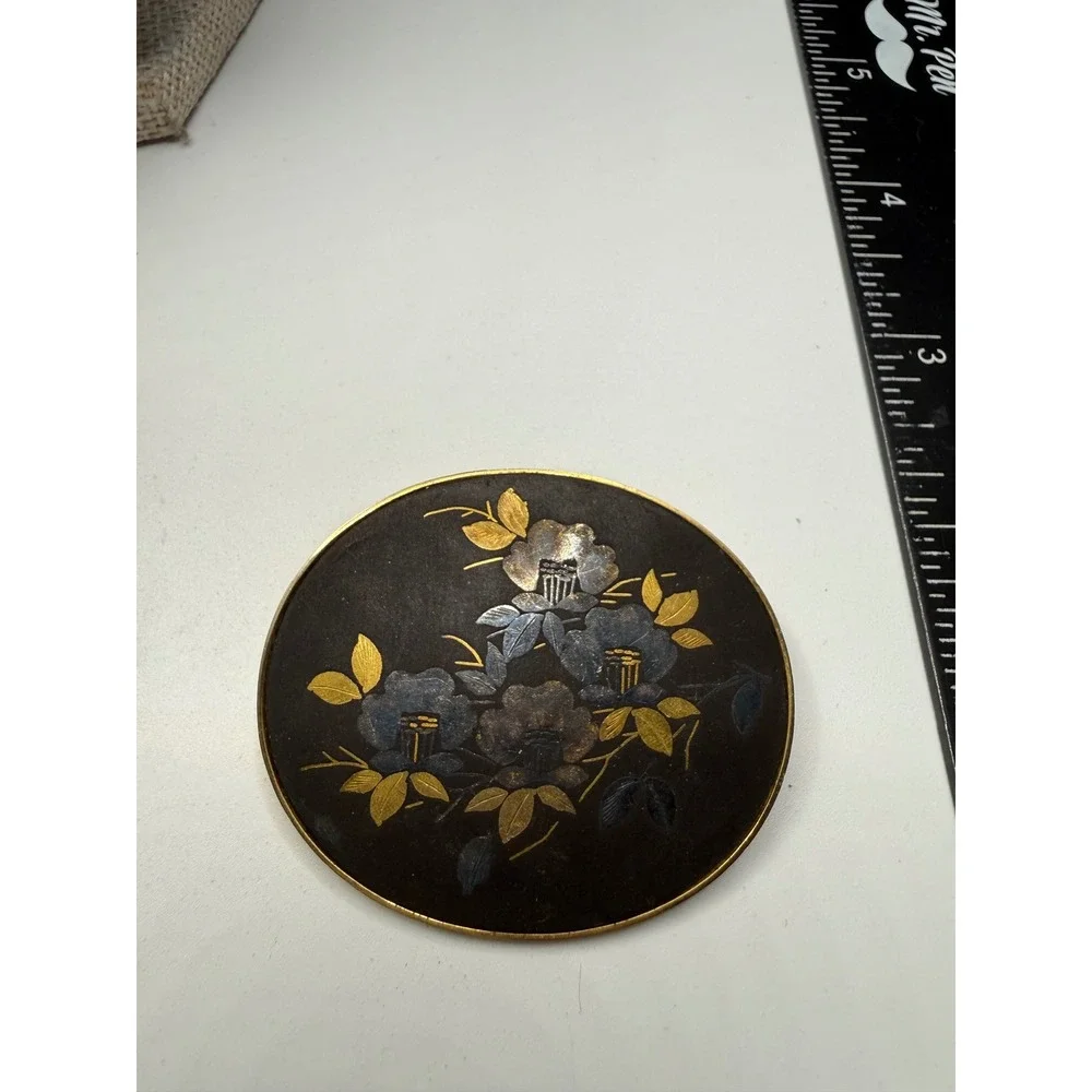 Vintage Amita‎ Japanese Damascene Floral Brooch Pendant Gold Silver Inlay Oval